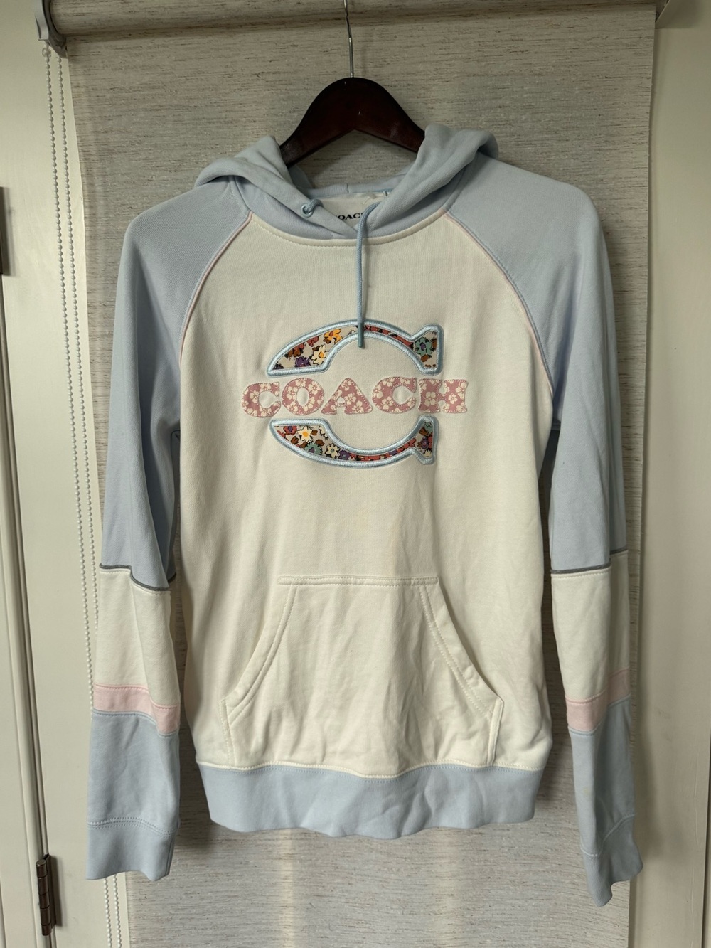 Coach Floral Patchwork Raglan Hoodie in Baby Blue and Ivory